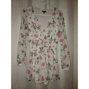 Express Floral Romper Dress Small Ivory Pink Long Sleeve Zipper Front